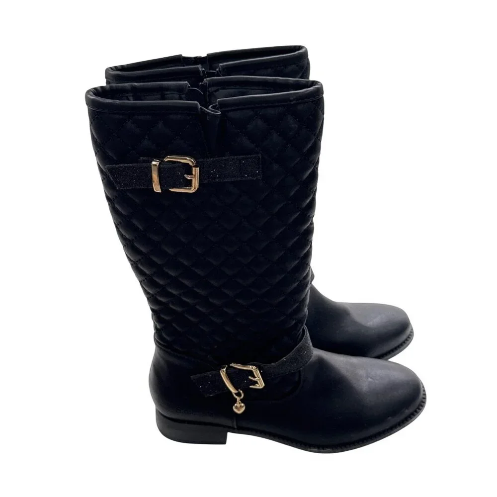 Skechers Girls Black Quilted Knee-High Boots With Gold Buckles & Side Zippers - - Picture 6 of 10